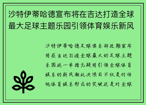 沙特伊蒂哈德宣布将在吉达打造全球最大足球主题乐园引领体育娱乐新风潮